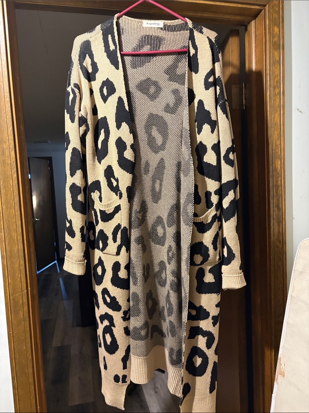 Long Leopard Print Open-Front Cardigan - Beige/Black